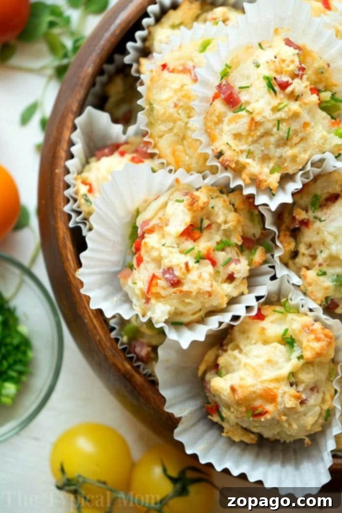 Hearty Ham and Cheese Biscuits 2 A close-up of savory breakfast muffins with visible ham and cheese, baked to a golden perfection, hinting at a delicious and easy breakfast idea.