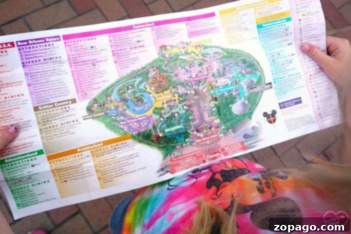 Maximize your family's Disneyland trip with smart packing: maps, snacks, and sun protection are key. Child holding a Disneyland map, a smart tip for engagement and navigation.