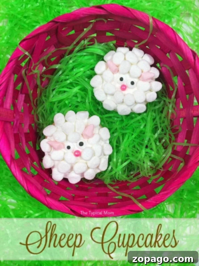 Charming sheep cupcakes ideal for birthdays or holidays. These cute treats use marshmallows for wool, bringing a delightful touch to any celebration. #cutecupcakes #sheepcupcakes #easycupcakes Two adorable sheep cupcakes nestled in a pink basket with green grass-like filler. The sheep are decorated with white marshmallow wool, pink marshmallow ears, googly eyes, and a pink candy nose, making them incredibly cute and perfect for Easter or a farm-themed party.