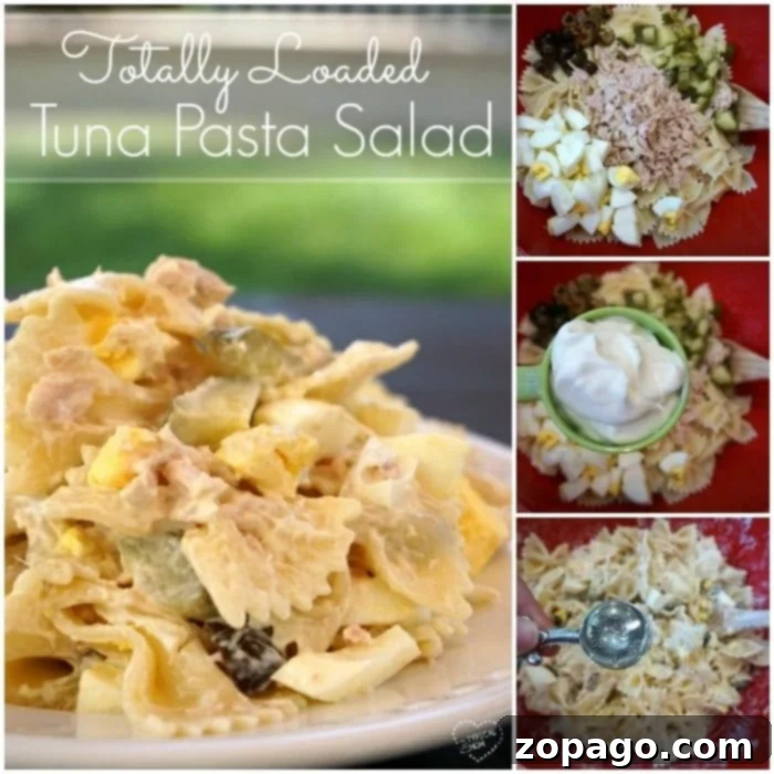 Step-by-step guide to making the ultimate loaded tuna pasta salad. Collage showcasing the preparation of a delicious tuna pasta salad: ingredients in a bowl, adding mayonnaise, mixing the salad, and seasoning with salt and pepper.