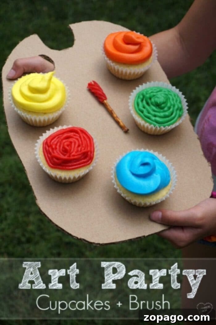 Paint Your Own Party 3 A festive art-themed birthday party table laden with colorful treats, art supplies, and decorations, ready for creative celebration.