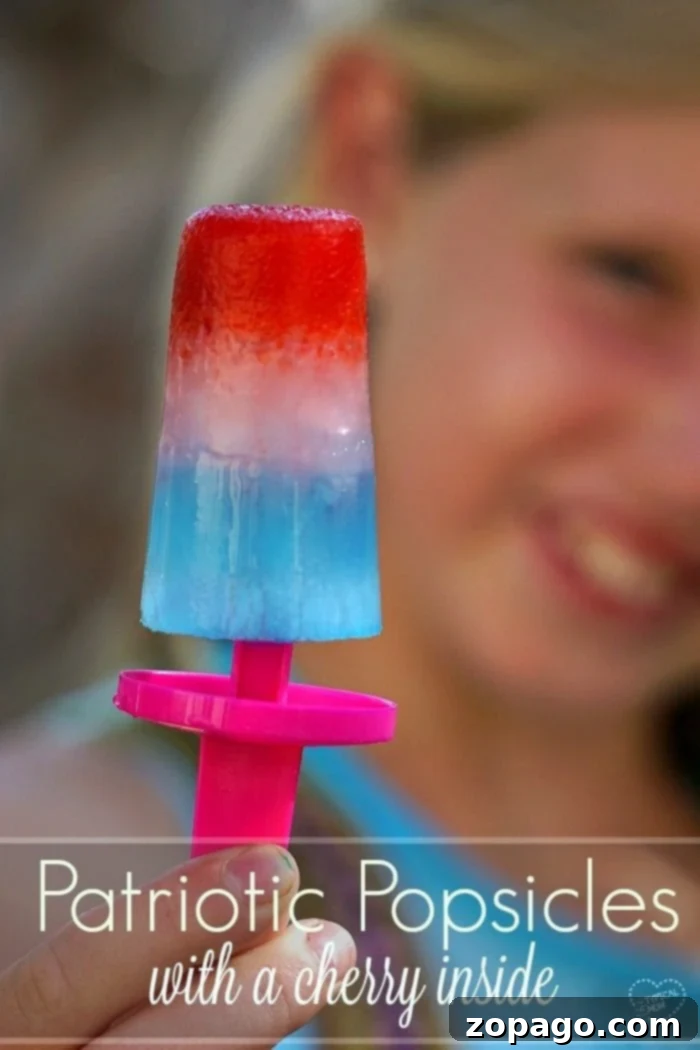Easy Red White and Blue Frozen Treats 5 Easy to make red white and blue popsicles for the holidays. Fun patriotic dessert for kids with a hidden cherry inside!