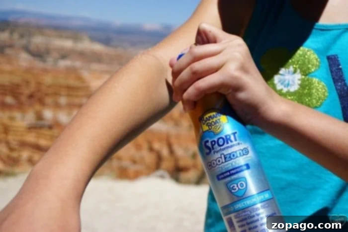 Happy Trails: Family Hiking Adventures 2 Sunscreen bottle and ingredients, emphasizing sun protection for kids