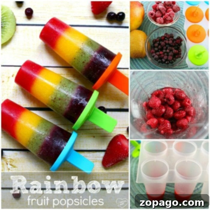 Learn how to make homemade rainbow popsicles easily with this healthy fruit-only recipe, perfect for kids and summer. Two vibrant homemade rainbow popsicles stand upright on a wooden surface, showcasing their distinct fruit layers. The popsicles have colorful holders, and a mix of fresh fruit, including berries, kiwi, and mango slices, is scattered around them.