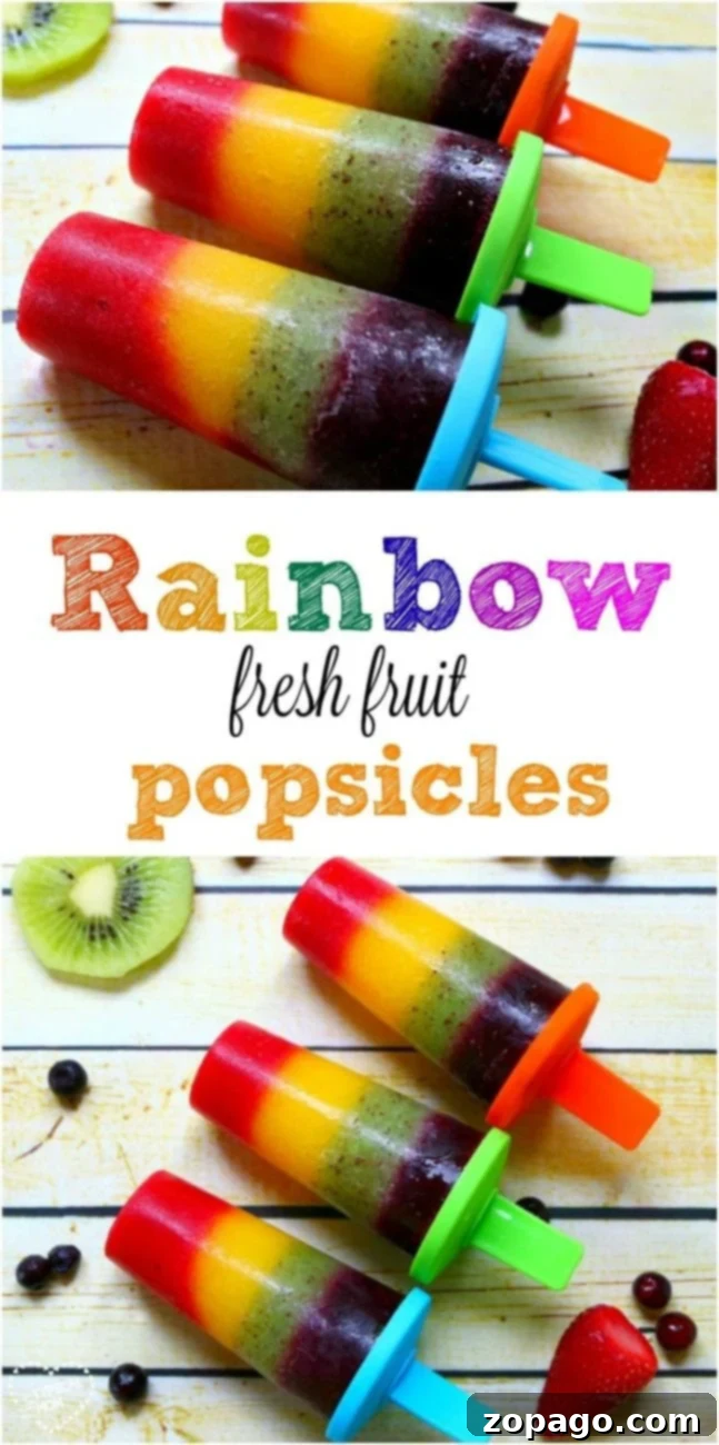 Discover how simple it is to make healthy, homemade rainbow popsicles with this easy fruit recipe for kids. A vibrant homemade rainbow popsicle stands tall, showcasing its beautiful, distinct layers of different fruit purees. The popsicle is surrounded by fresh fruit slices like kiwi and mango, emphasizing the natural ingredients.