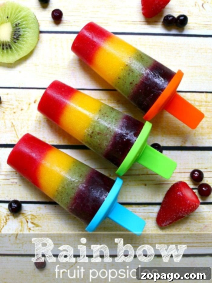 Colorful Rainbow Fruit Popsicles A vibrant close-up of layered rainbow popsicles, showing distinct colors of fruit purees. They are beautifully arranged against a summer backdrop.