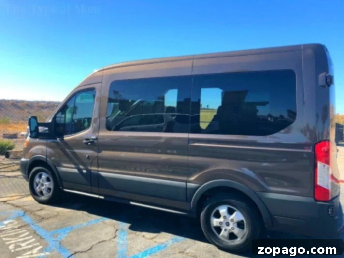 Road Trip Planner 2 A family-friendly brown passenger van, perfect for a blog about road trips, parked outdoors under a clear blue sky, emphasizing travel readiness.