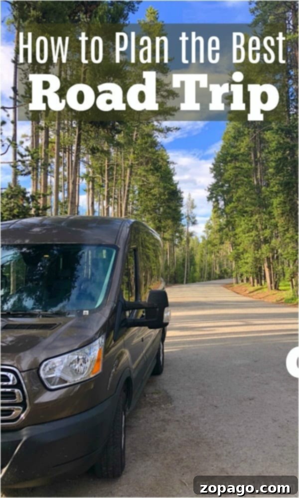 Best road trip tips for a memorable family adventure. A family van parked on a scenic wooded road, representing the start of an adventurous family road trip. The image emphasizes planning for the best journey.