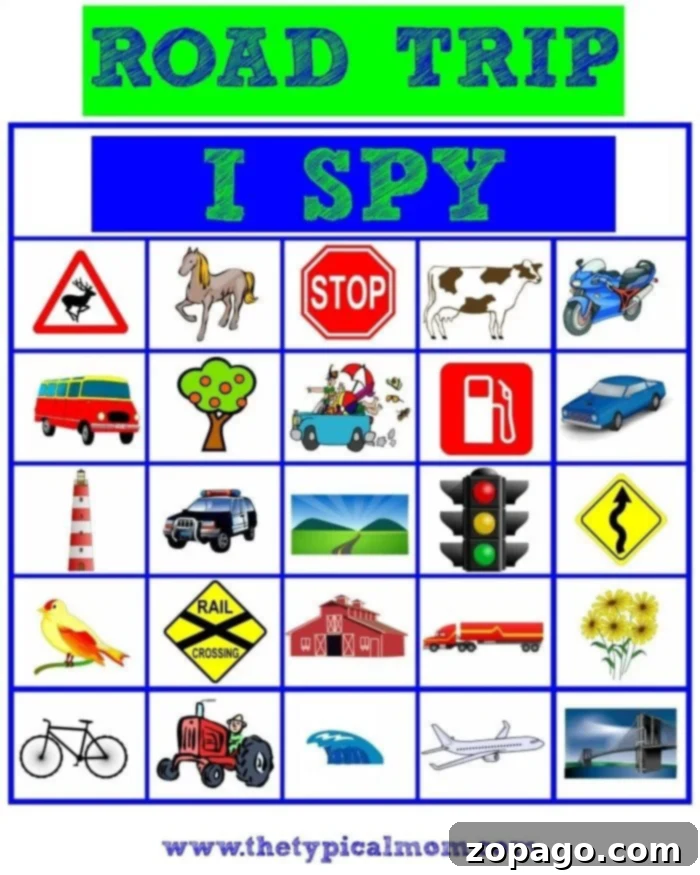 Engaging Road Trip I Spy game for keeping kids busy. A Road Trip I Spy game sheet featuring a Nature Scavenger Hunt list with images of road signs, vehicles, animals, and nature, designed for kids. Illustrates road trip activities.