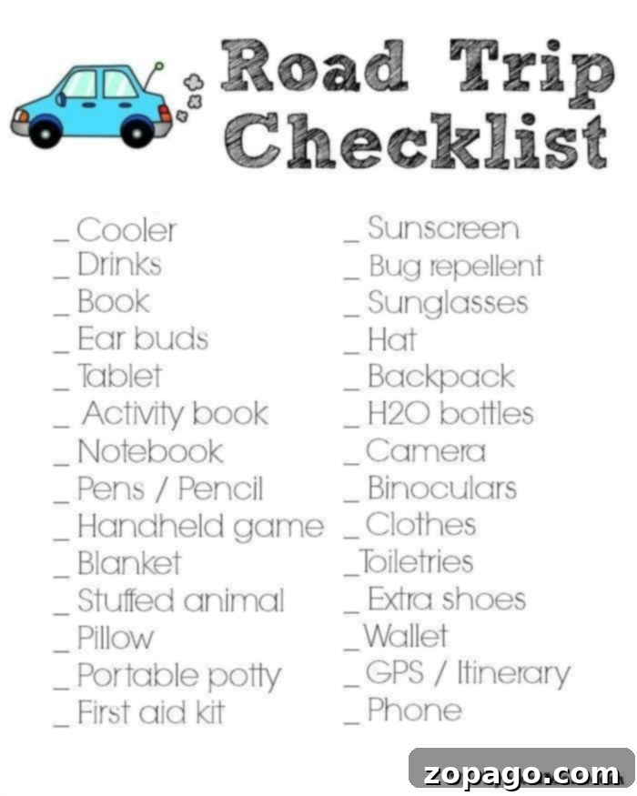Printable Road Trip Checklist 2 Free printable road trip packing list for families with kids, showing essentials like snacks, sun protection, and entertainment. Perfect for travel planning.