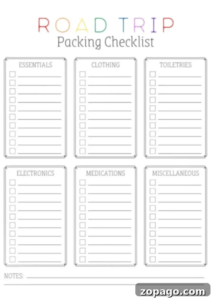 Printable Road Trip Checklist 4 Detailed road trip packing list with sections for essentials, clothing, toiletries, electronics, medications, and miscellaneous, featuring checkboxes and a notes section.