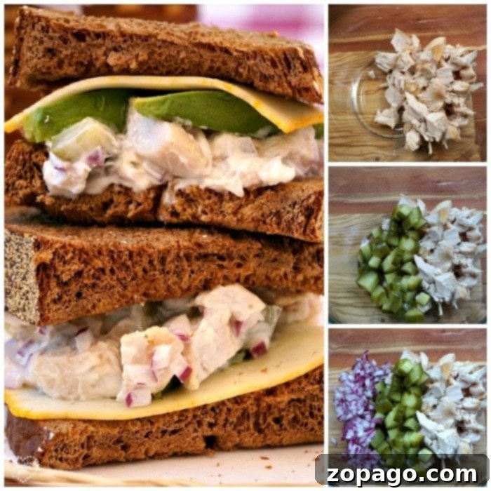 The Ultimate Chicken Salad Sandwich Recipe 4 Easy chicken salad sandwich recipe with fresh dill pickles and red onions, ready for mixing.