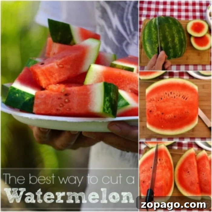 Master Watermelon Slicing with Ease 3 Close-up of a watermelon being cut in half on a wooden board