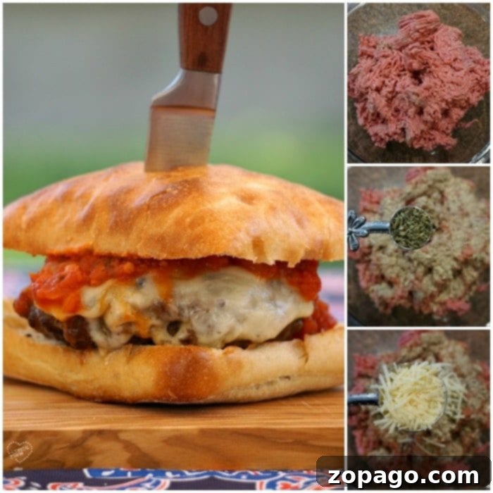 Burgerizza 3 A New York pizza burger, artfully presented with a knife in its bun, against a background illustrating the step-by-step process of blending herbs and cheese into the flavorful patty mixture.