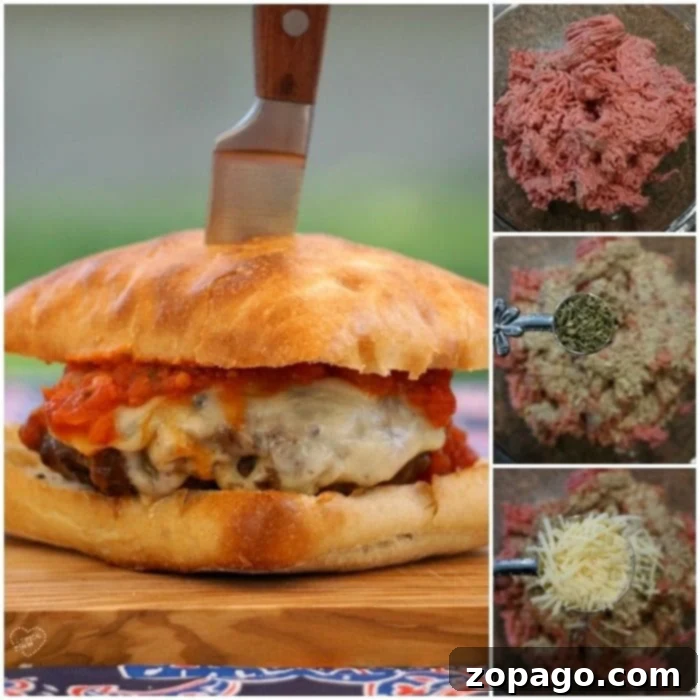 Pizzaburger Fusion 3 Burger with knife in bun; steps of making a flavorful New York pizza burger blend with herbs and cheese on the right, promising a delightful culinary journey.