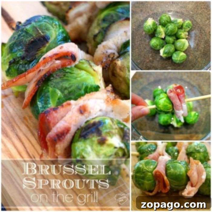 Perfectly Grilled Brussels Sprouts 3 Assembling Brussels sprouts and bacon on skewers for grilling, showing the alternation for perfect kebabs.