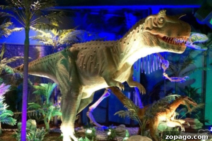 Close-up of an animatronic dinosaur's detailed head, showing texture and movement at Discovery Cube OC's exhibit