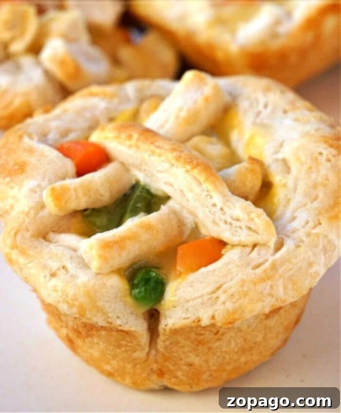 Individual Chicken Pot Pies 2 Golden-brown chicken pot pie muffins with a flaky biscuit crust, served on a white plate