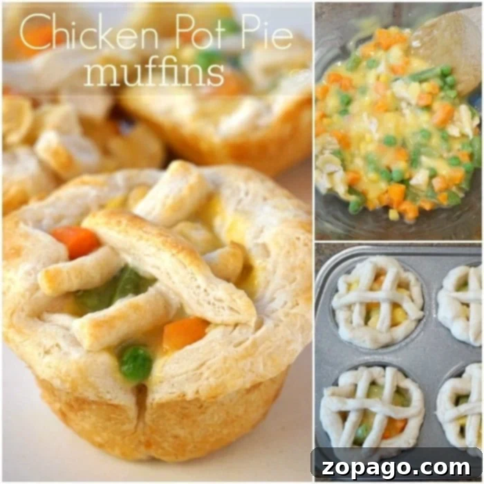Easy Chicken pot pie muffins are so fun!! Great muffin tin dinner using leftover chicken and they're quick to make. Your kids are going to love these! Close-up of a chicken pot pie muffin showcasing its flaky crust and savory filling