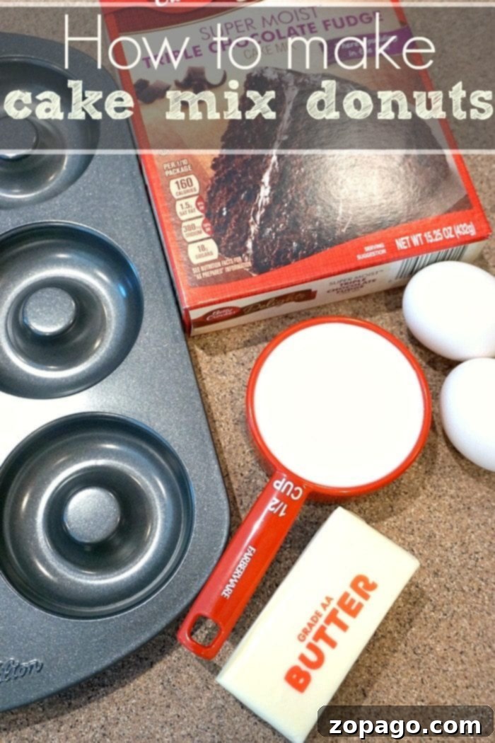 Quick & Easy Cake Mix Donuts 2 Essential ingredients and tools for delicious cake mix donuts: a donut pan, rich chocolate cake mix, measuring cup, fresh eggs, and smooth butter.