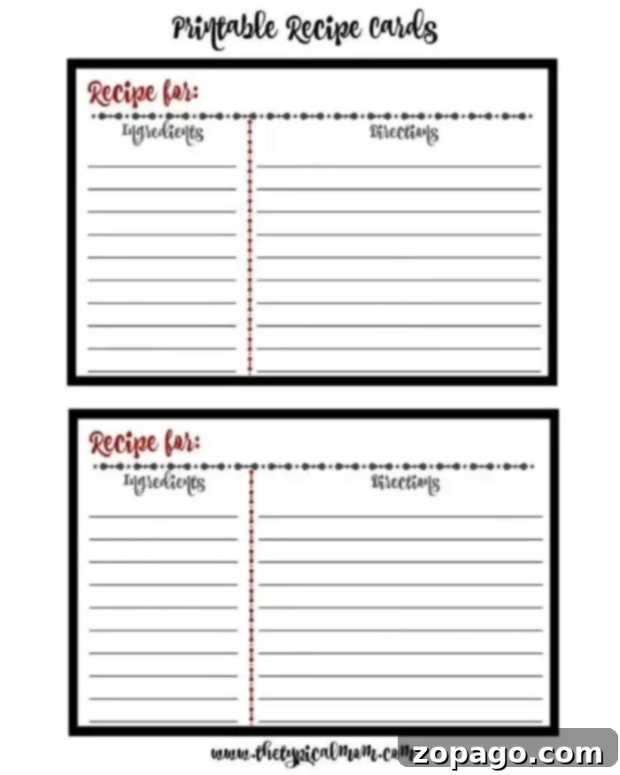 Printable recipe cards for easy kitchen organization. Collection of free printable recipe cards with space for ingredients and instructions, ready for printing.