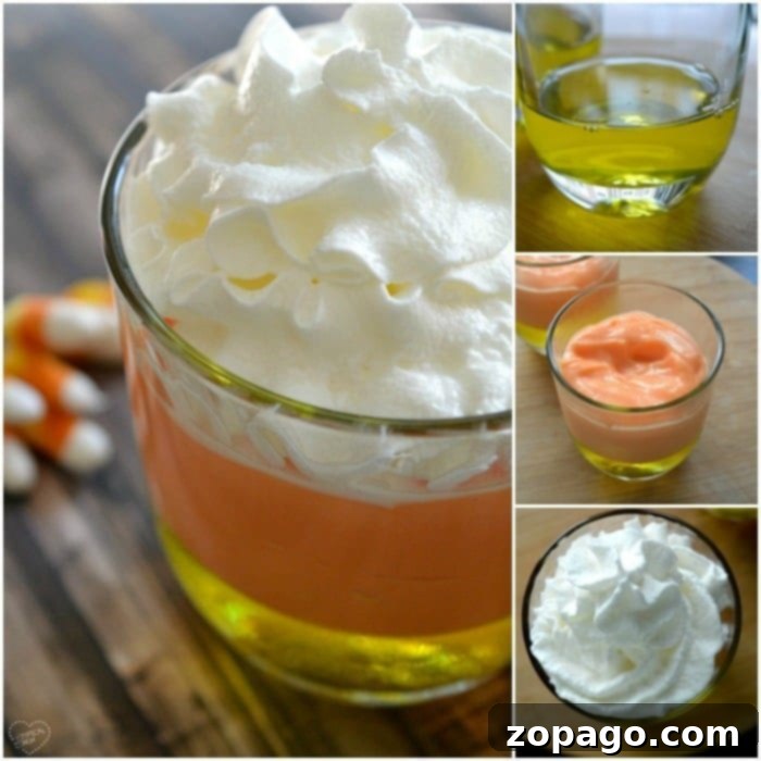 Halloween Candy Corn Jello Delight 3 Close-up of a glass candy corn parfait showing the beautifully distinct layers of lemon Jello, orange pudding, and fluffy whipped cream, ready for a Halloween celebration.
