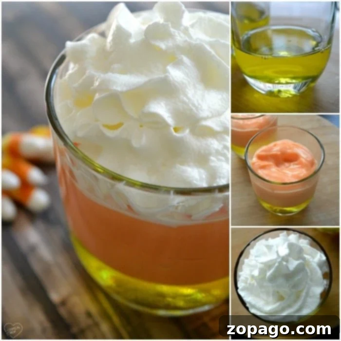 A vibrant and easy Halloween dessert: Candy Corn Parfait with Jello and pudding, a delightful Fall treat. Close-up of a layered Candy Corn Parfait, highlighting the distinct Jello and pudding layers.