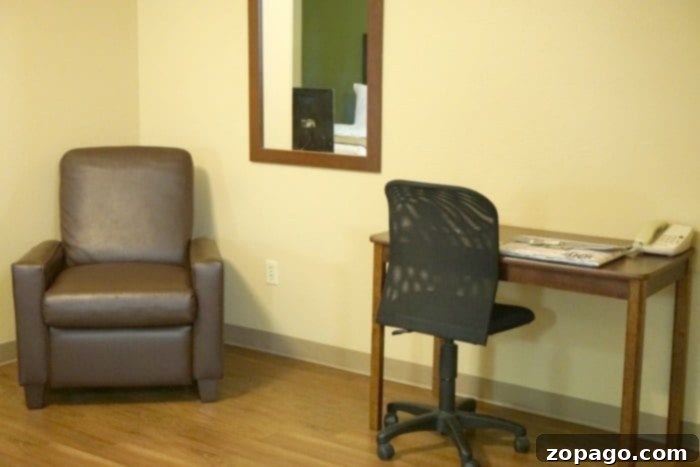 My Honest Extended Stay America Review 3 Extended Stay America kitchen area with microwave and refrigerator
