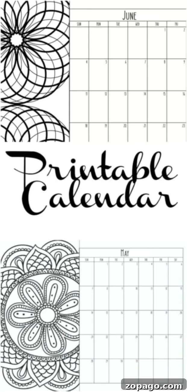 Printable calendar pages for every year. Print one month at a time or an entire calendar and as many as you'd like. A free printable you can share! #free #printable #monthly #calendar Free printable calendar pages for every month, perfect for yearly or monthly organization and sharing.