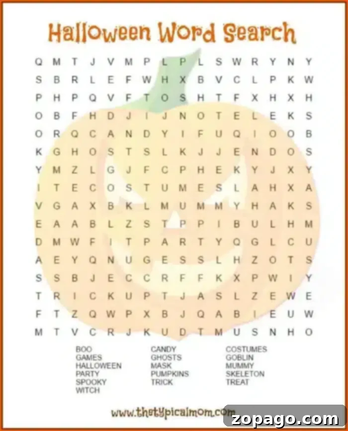 Halloween word search printable pages you can give your kids or students! Lots of other free Halloween printables and party ideas here too. #halloween #wordsearch #printables #kids #ghost #pumpkin A Halloween-themed word search printable showcases a vibrant pumpkin background. Search for words like "BOO," "CANDY," "GHOSTS," and "WITCH" listed at the bottom of the grid to add some festive fun to your spooky celebrations.