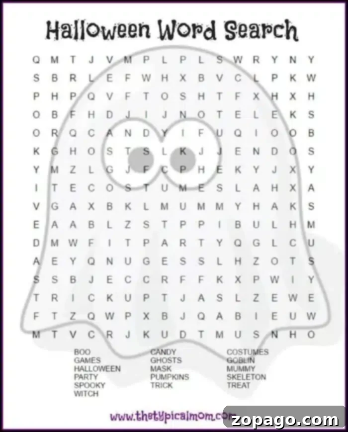 Wicked Halloween Word Hunt 3 Dive into a Halloween-themed word search puzzle printable, skillfully shaped like a ghost. Discover eerie words like "BOO," "CANDY," and "GHOSTS" as you enjoy this spooky pastime. Perfect for fans of "WITCHES," "PUMPKINS," and all things frightful this season!