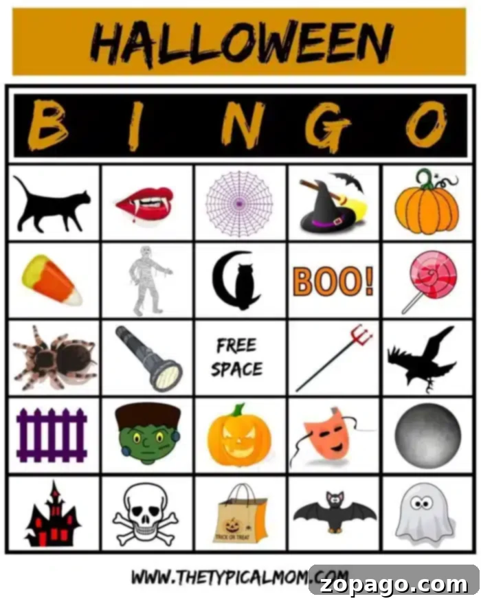 Free Halloween Bingo printable! #halloweenwordsearch #halloween #printables Discover the fun with our Halloween-themed bingo card, featuring images like a black cat, vampire lips, witch hat, and jack-o'-lantern. Pair it with a Halloween word search printable for double the spooktacular entertainment! Perfect for any festive gathering.