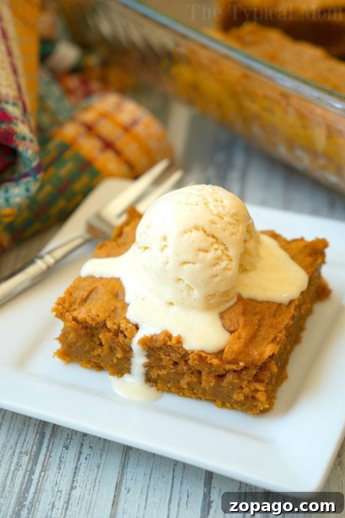 Moist Pumpkin Pudding Cake with Vanilla Ice Cream A delightful pumpkin pudding cake square topped with a scoop of vanilla ice cream sits on a white plate, with a fork beside it, showcasing an easy pumpkin pudding cake recipe.