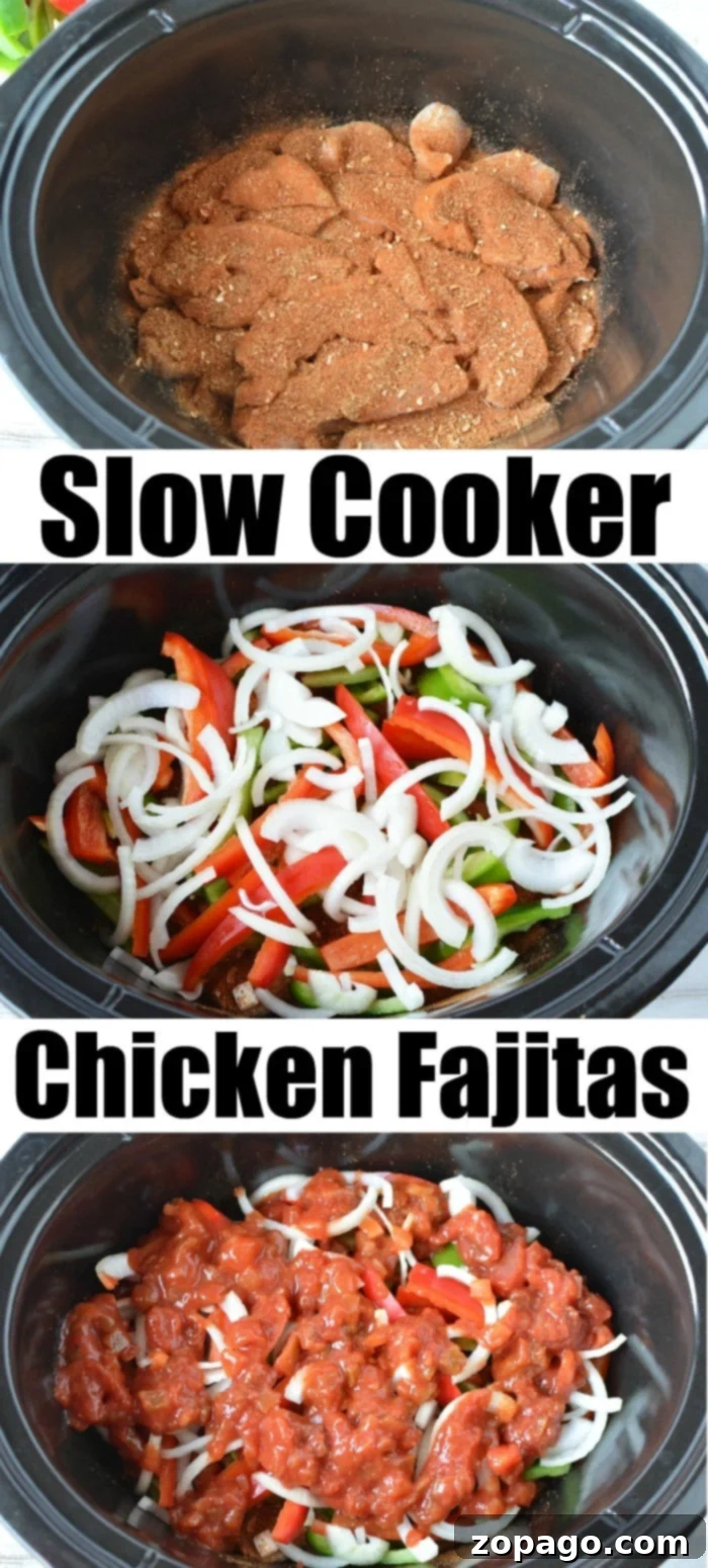 One Pot Wonder Chicken Fajitas 3 Carefully arranged ingredients for slow cooker chicken fajitas: raw chicken breasts, colorful bell peppers, sliced onions, a jar of salsa, and a packet of fajita seasoning.