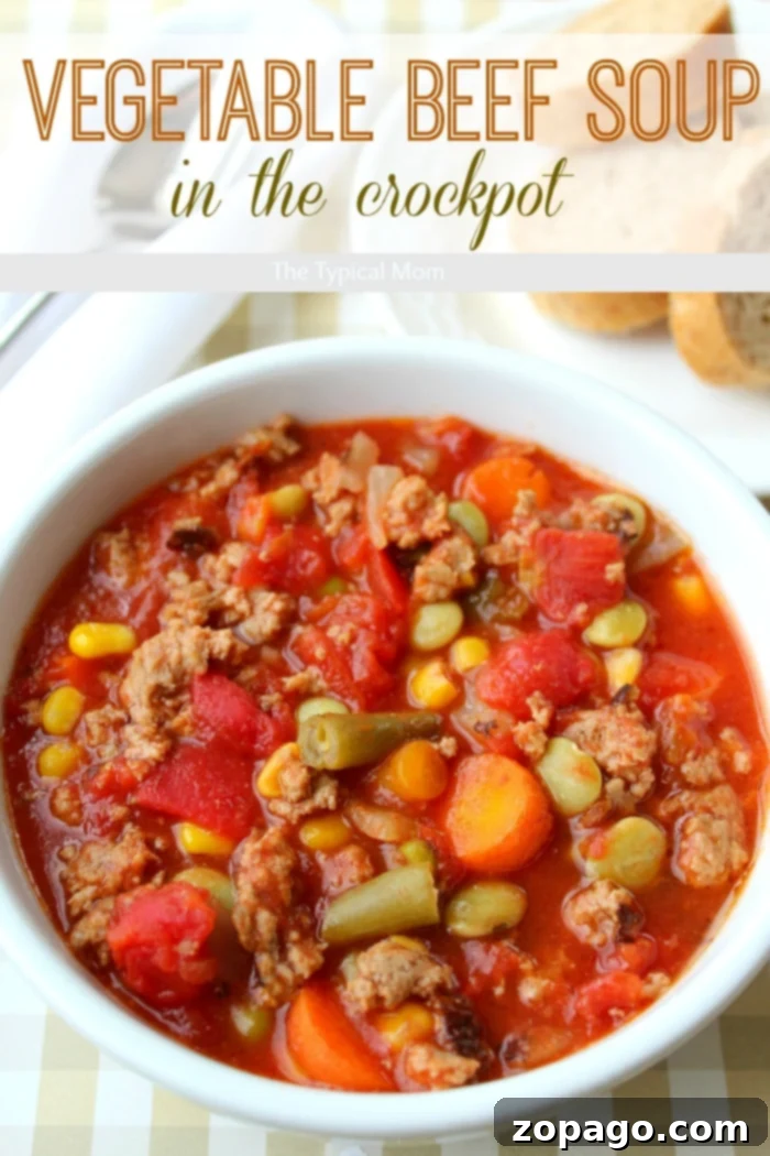 Vegetable beef soup in the crockpot. #crockpot #slowcooker #soup #vegetable #groundbeef Hearty Crockpot vegetable beef soup, a comforting slow cooker meal.