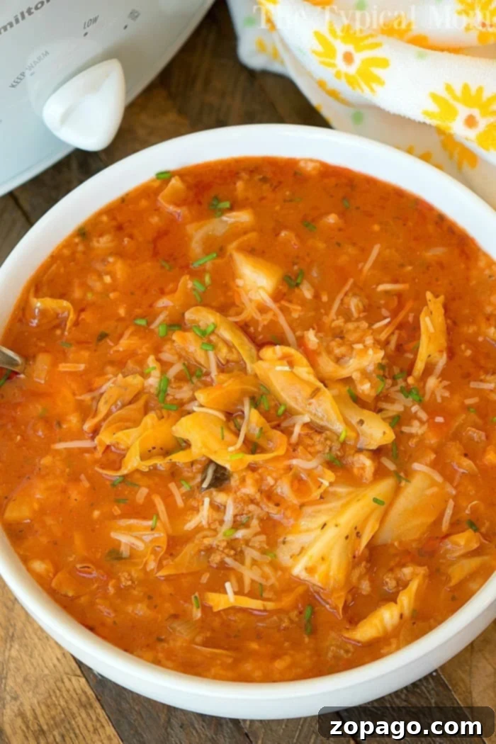 Crockpot stuffed cabbage soup. #crockpot #slowcooker #cabbage #soup Hearty slow cooker stuffed cabbage soup, perfect for a cozy meal.