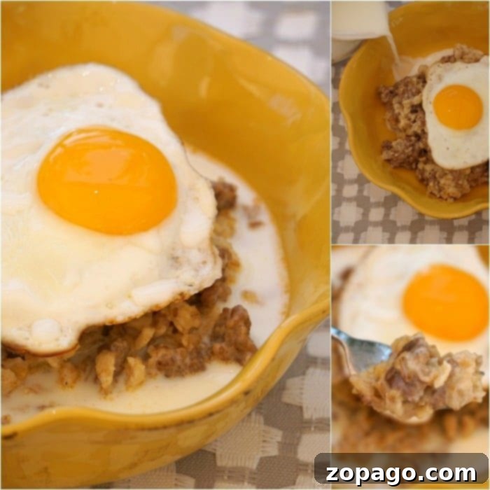 Savory Oats with Egg 3 night cereal, a savory oatmeal dish with egg and sausage