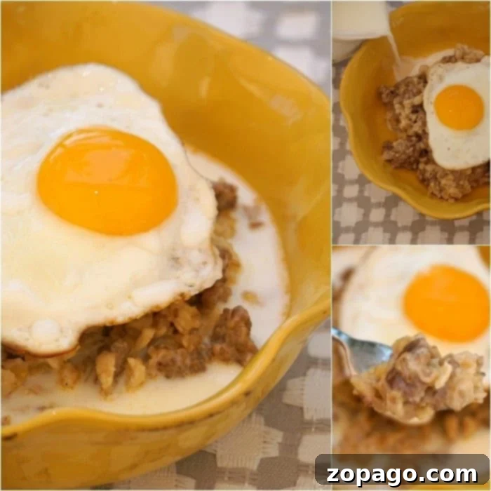 A close-up shot of savory oatmeal with egg and various toppings.
