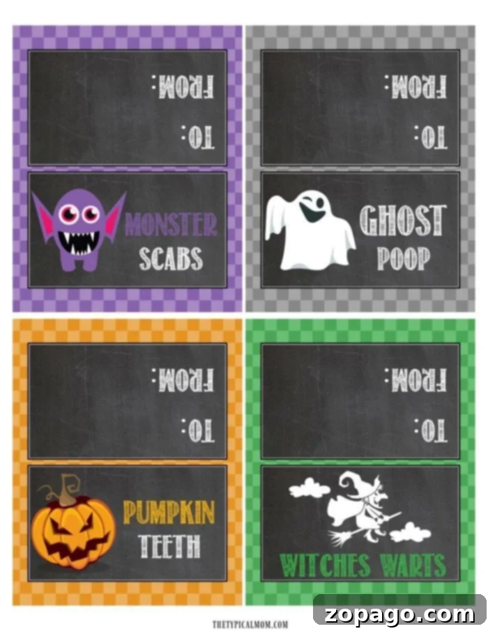 Close-up of DIY Halloween goodie bag toppers with fun, spooky designs like ghosts and monsters.
