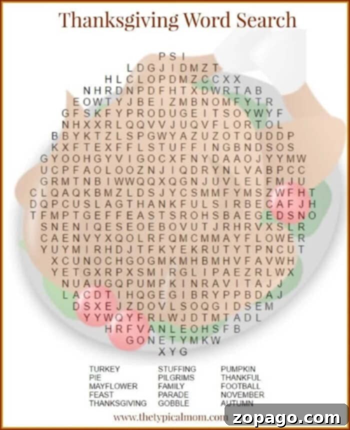 Download 2 Free Printable Thanksgiving Word Searches for Grade Schoolers! Shaped like a turkey, perfect for holiday learning and fun. Thanksgiving word search puzzle featuring themed words to find, all set over an inviting image of a turkey dinner. Perfect for holiday fun! A turkey-shaped word search printable with holiday vocabulary.