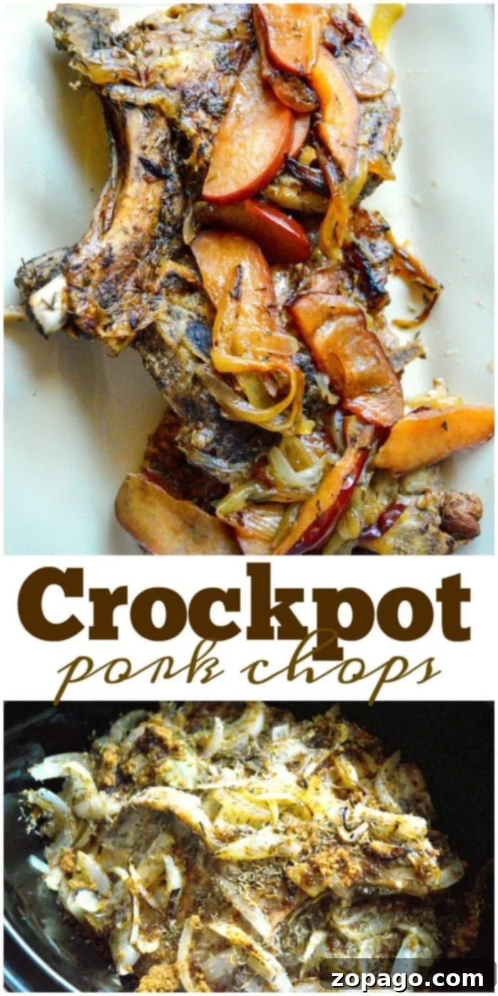 Crockpot pork chops with apples is amazing! You've got to try this easy slow cooker recipe packed with flavor and a healthy recipe all on it's own. #crockpot #slowcooker #porkchops #apples #crockpotrecipes crockpot pork chops