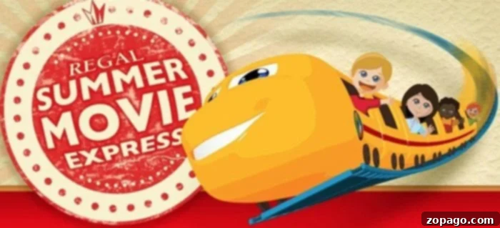 Regal Summer Cinema 3 Illustration of a happy yellow train with smiling passengers, next to a red and beige sign that reads Regal Edwards Summer Movie Express.