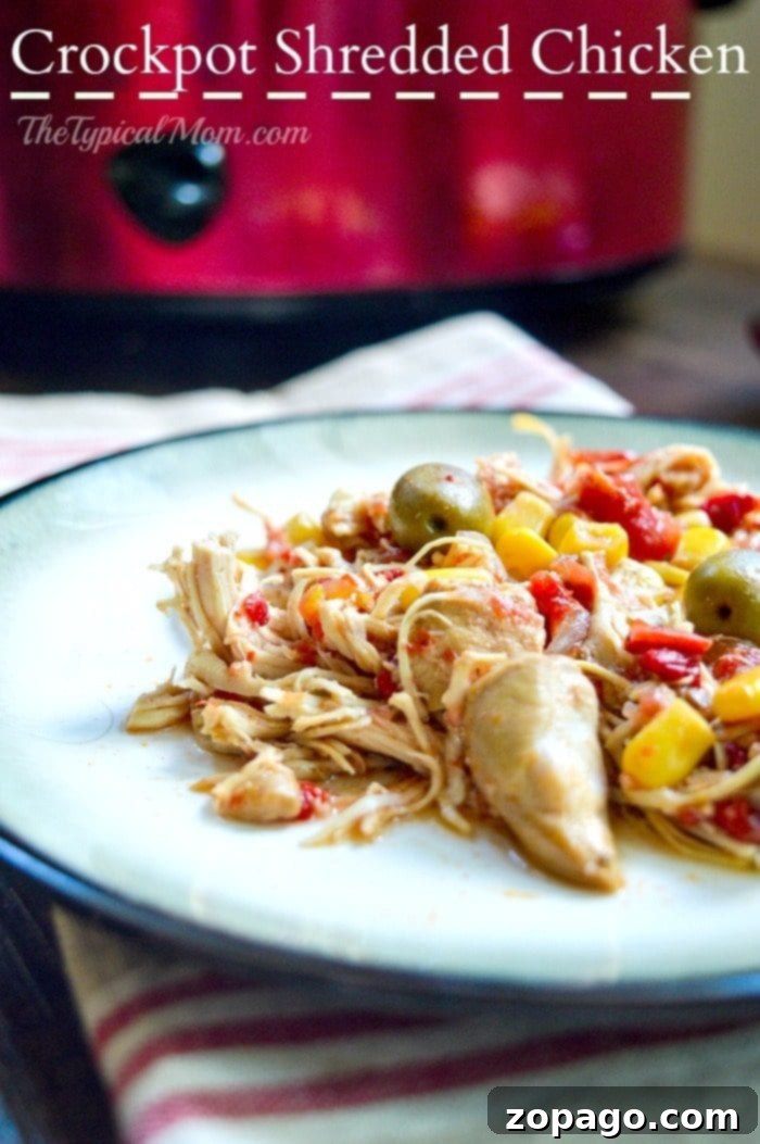 Slow cooker shredded chicken recipe that is great served on top rice or for shredded chicken tacos too! Easy to do and tasty. Delicious slow cooker shredded chicken served over rice with fresh herbs