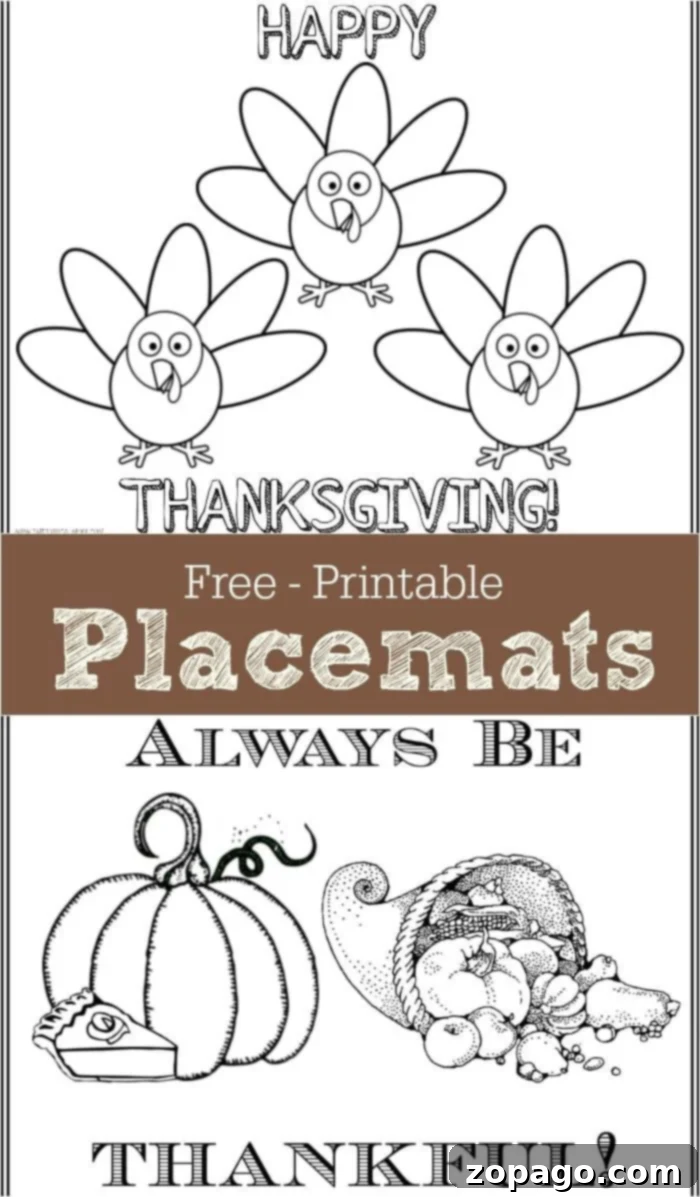 3 Free Printable Thanksgiving Place Mat Designs 2 Thanksgiving coloring placemats for kids feature festive designs like turkeys, cornucopias, and thankful messages, ready for little artists to color.