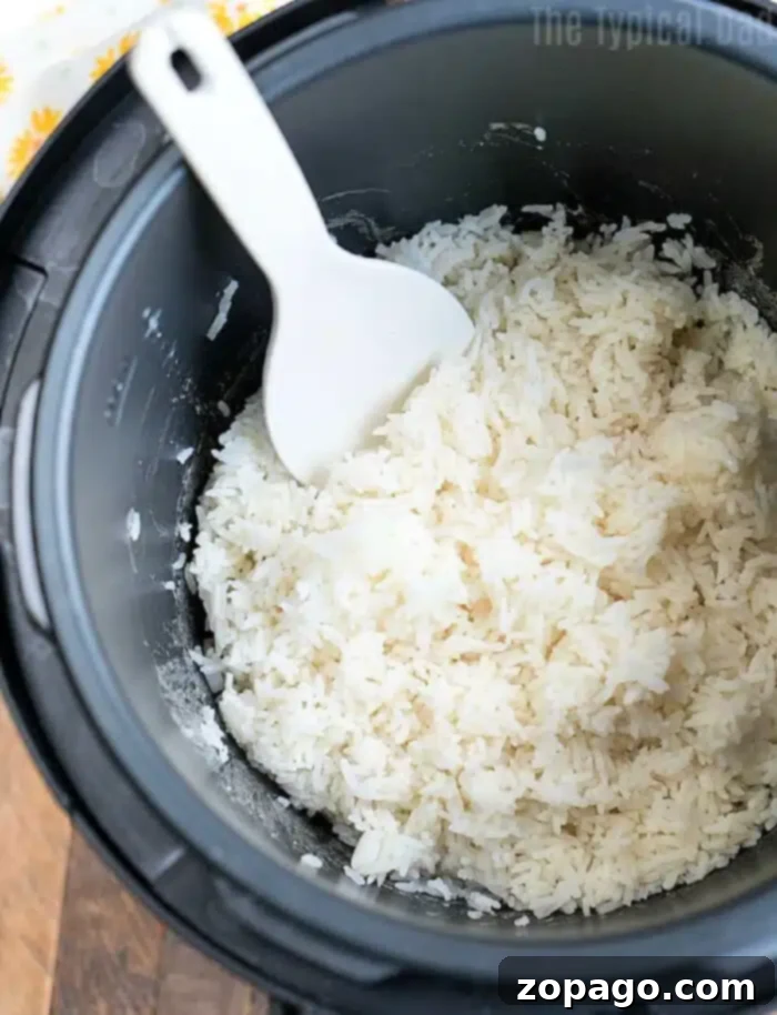 Fluffy Crockpot Express White Rice 2 A Crockpot Express is filled with perfectly cooked white rice, and a white plastic rice paddle rests atop the fluffy grains. The cooker sits on a warm wooden surface, ready to serve.