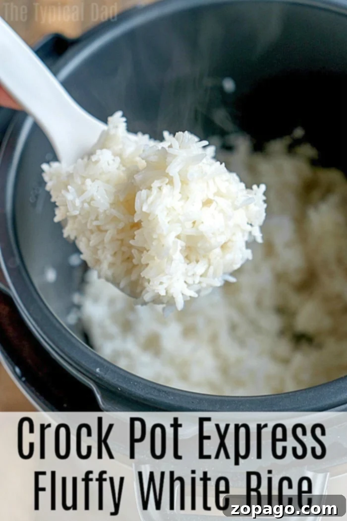 This is how to make fluffy Crockpot Express white rice in your pressure cooker. Just 2 ingredients, 1 button, and it's the perfect side dish with any meal. #crockpotexpress #white #rice #sidedish #crockpotexpressrecipes A spoon lifts a portion of fluffy white rice above a cooker, showcasing the perfection achieved with the Crockpot Express. The text at the bottom proudly declares, Crock Pot Express Fluffy White Rice.