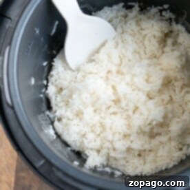 A Crockpot Express revealing a batch of perfectly cooked white rice. A white plastic serving spoon gracefully rests on the rice, ready for serving. Text at the bottom reads Crockpot Express White Rice, signifying simple perfection in every grain.