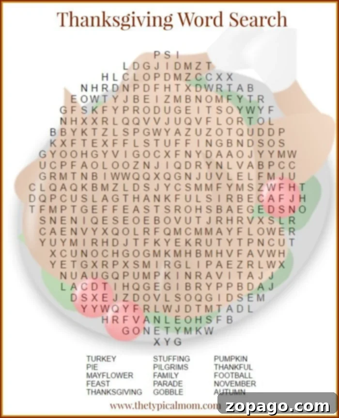 Free printable Thanksgiving Bingo game and a complementary word search, designed to provide engaging holiday activities for everyone. Ideal for keeping kids busy and entertained. Thanksgiving Word Search puzzle, featuring autumn and holiday-themed words hidden within a grid. Designed for children and families to enjoy as a free printable activity during the Thanksgiving holiday.