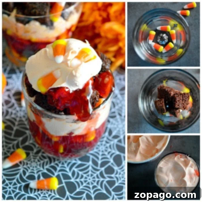 Individual Halloween Trifles in Mason Jars: Easy to make and perfect for a spooky party treat. Layered Halloween Trifle Desserts in Individual Mason Jars