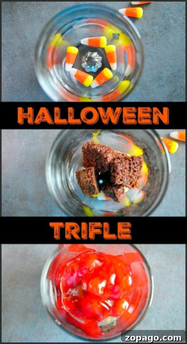 Detailed view of a Halloween Trifle showcasing chocolate, cream, and cherry layers for a festive, spooky look. Close-up of a Halloween Brownie Trifle with distinct layers of chocolate, cream, and cherry visible